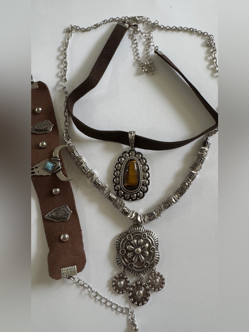 Shyanne Brown Suede Choker Necklace with Tiger Eye Pendant and Silver Accent